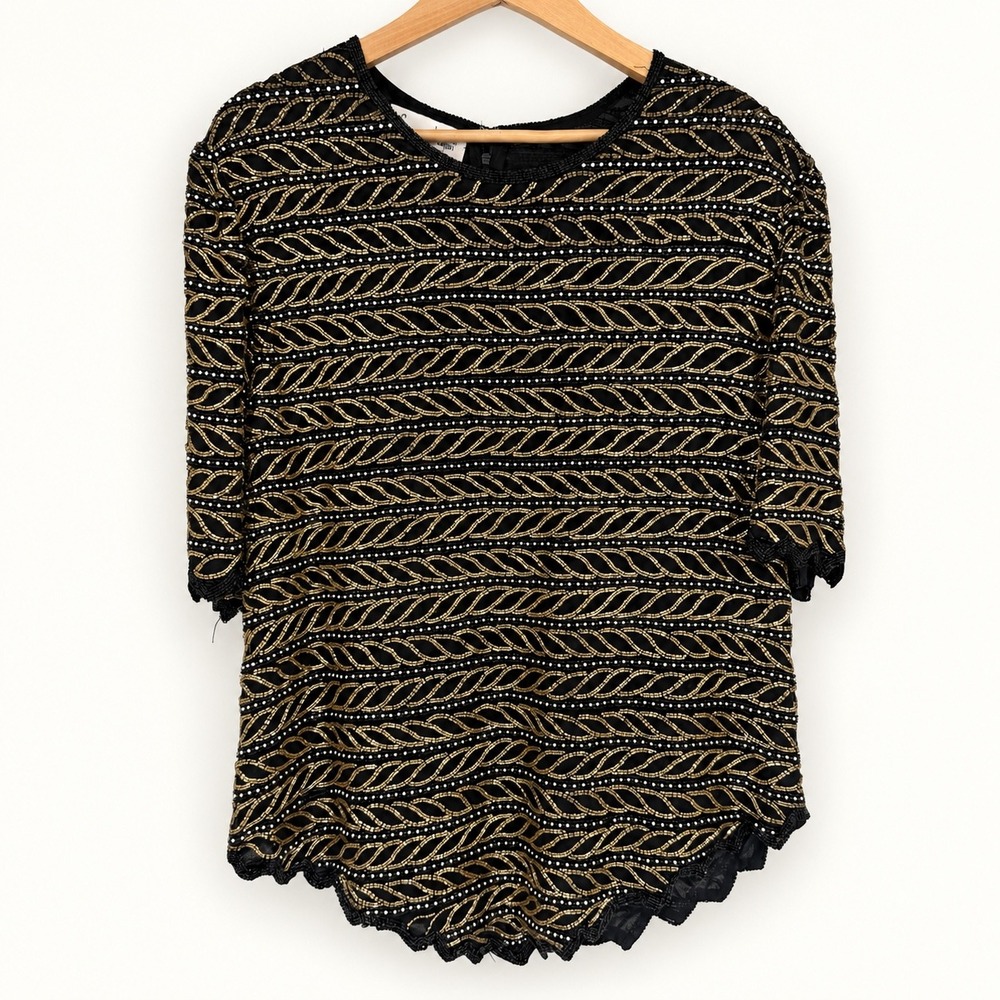 Vintage 90s Laurence Kazar Women 2X Beaded Silk Trophy Blouse Geometric Glam Max